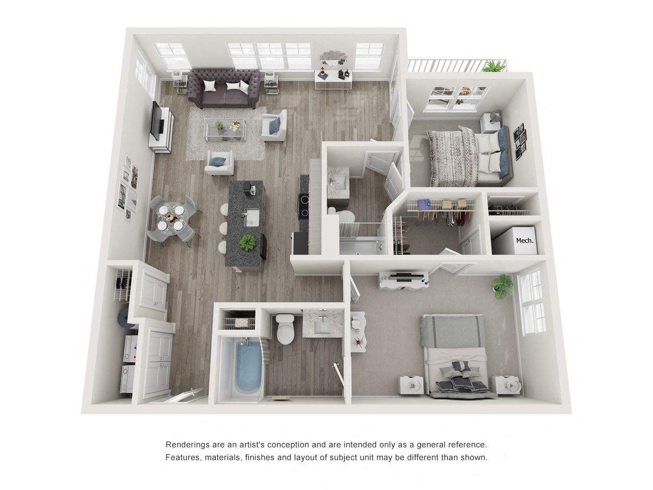 Floor plan for 2 beds, 2 baths, 1163 sqft